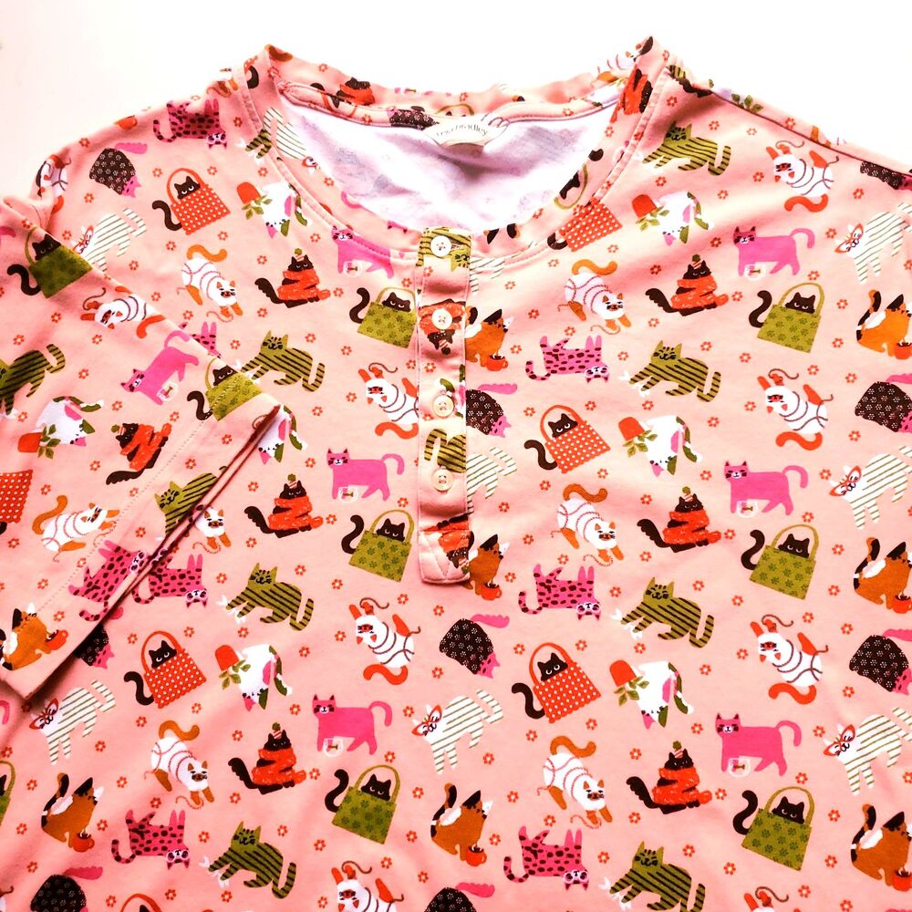 Vera Bradley Cotton Sleep Dress Womens XL Cats Short Sleeve Henley Nightgown